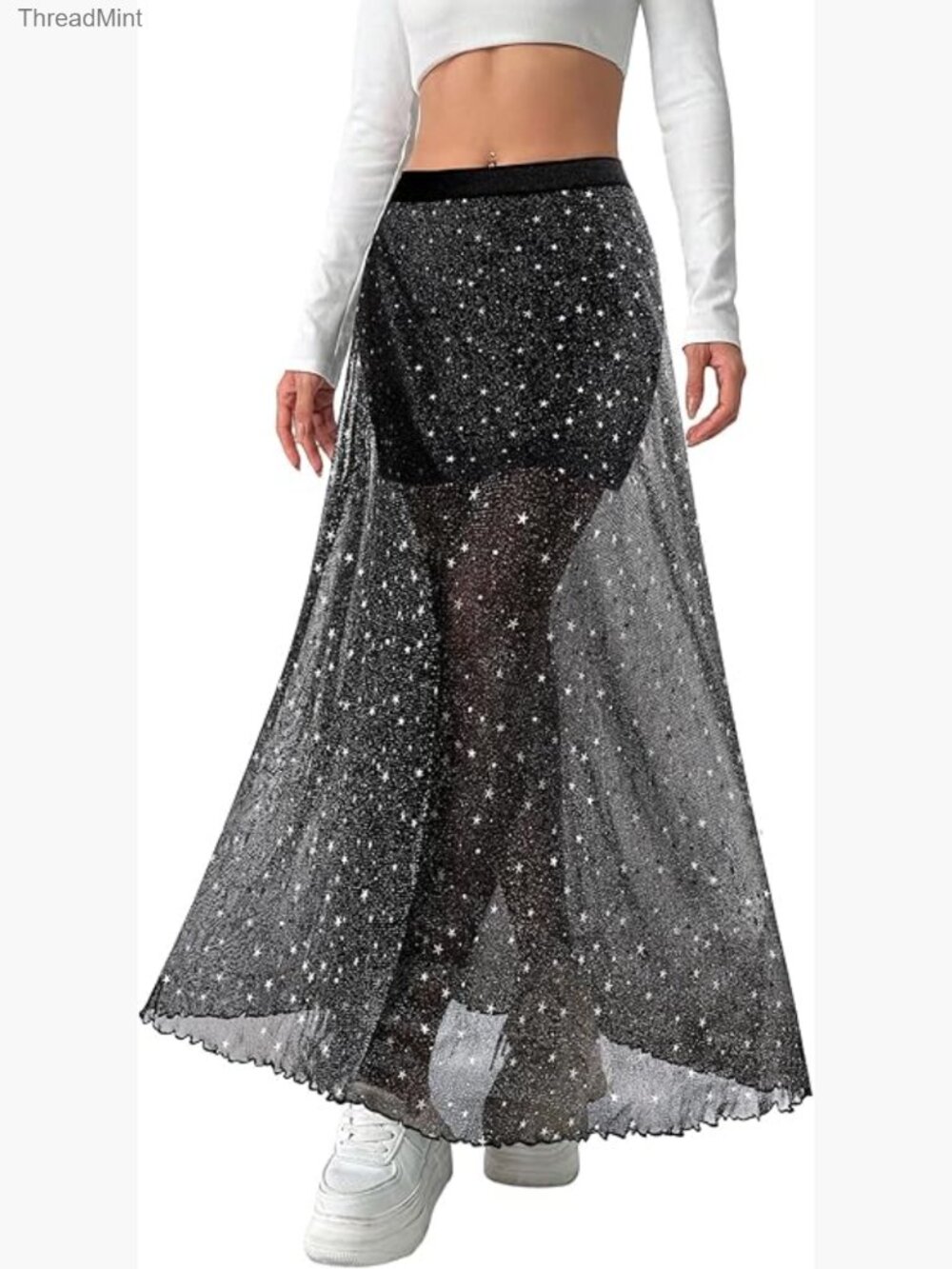 Sheer Mesh Glitter Maxi Skirt High Waisted A Line Party Clubwear Rave Outfit